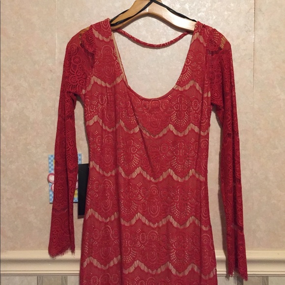 BEBE red open back lace dress